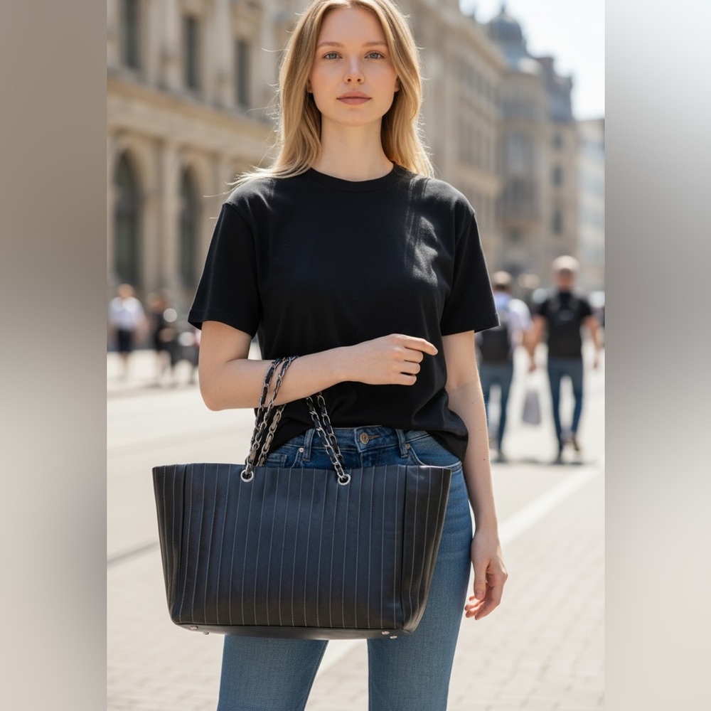 CHANEL Black Leather Tote with Chain Straps